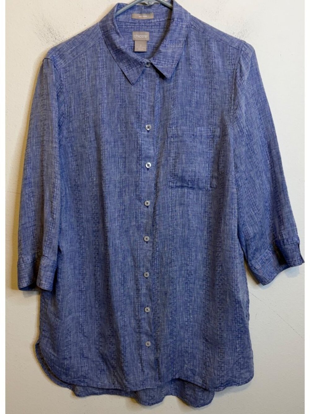 CHICOS No Iron LINEN Tunic Indigo Blue 3/4 Sleeve Button Shirt Blouse Top 12/14